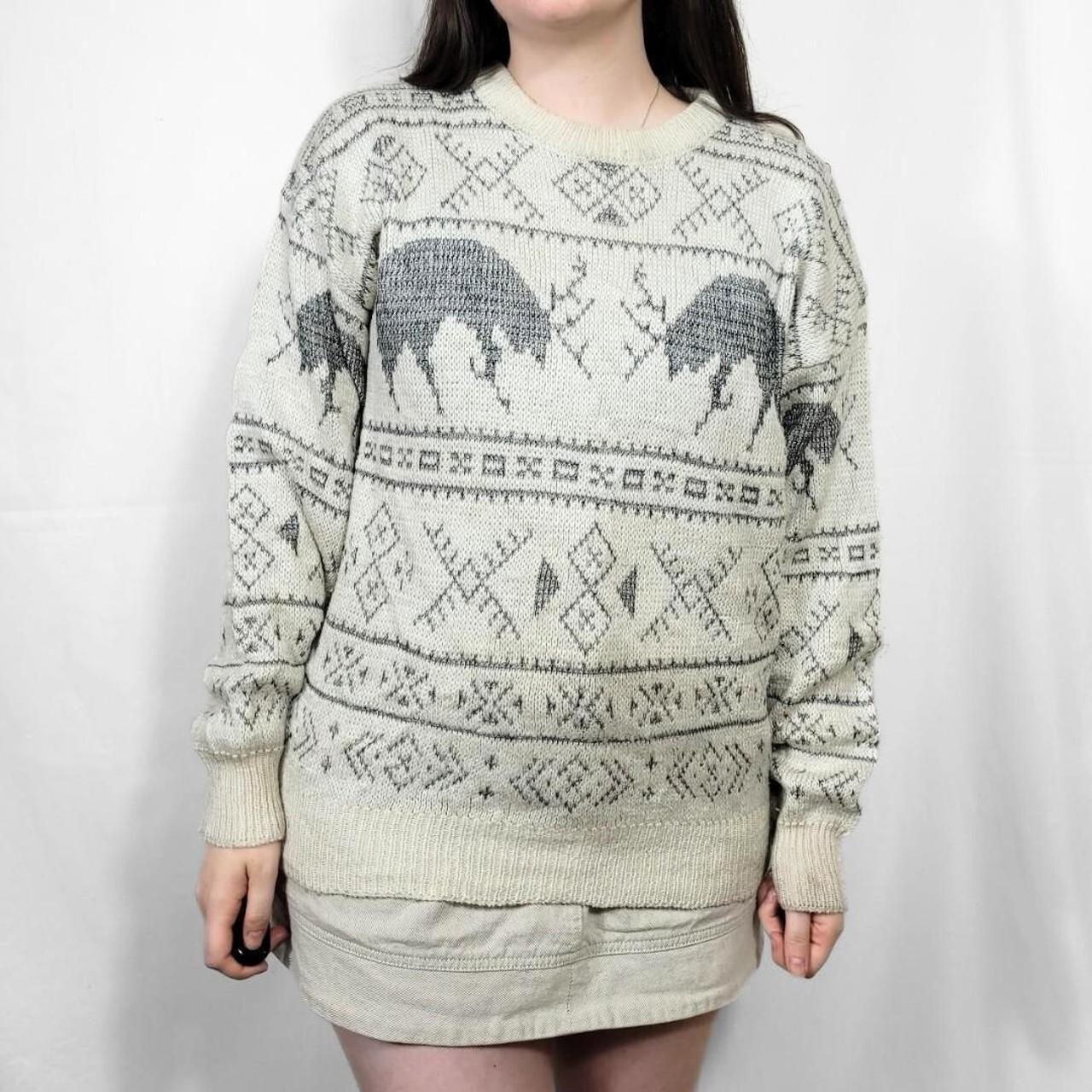 Vintage 90s Cream Reindeer Pattern Knit Jumper