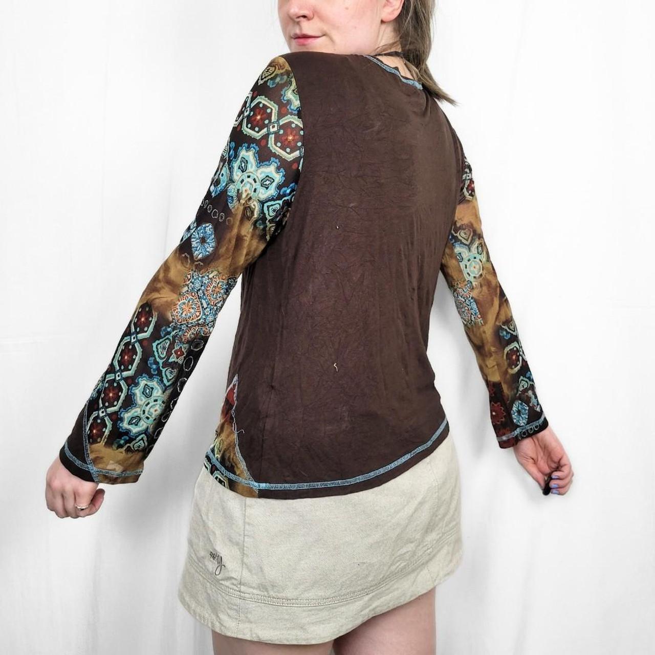 Y2K Brown & Blue Long Sleeve Mesh Top with Funky Design