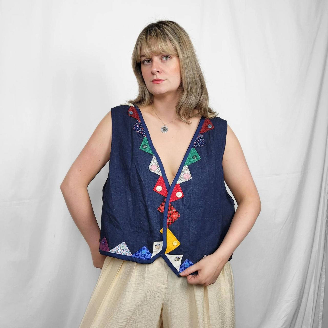 Vintage 90s Denim Waistcoat Vest with Rainbow Triangle Detail