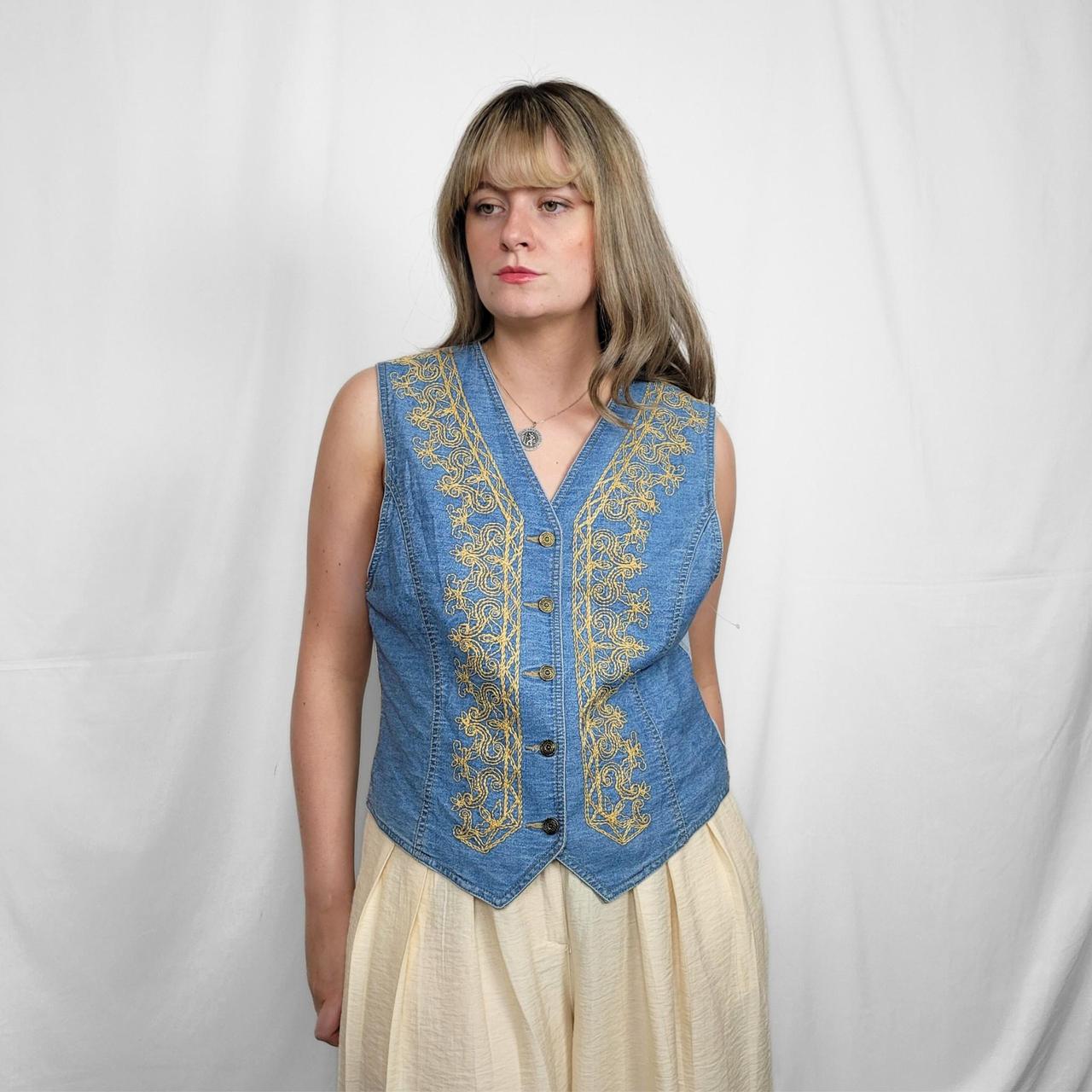 Vintage 90s Light Blue Embroidered Button Down Waistcoat