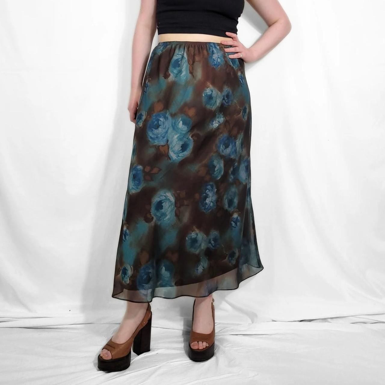 Y2K Blue Floral Maxi Skirt with Mesh Overlay