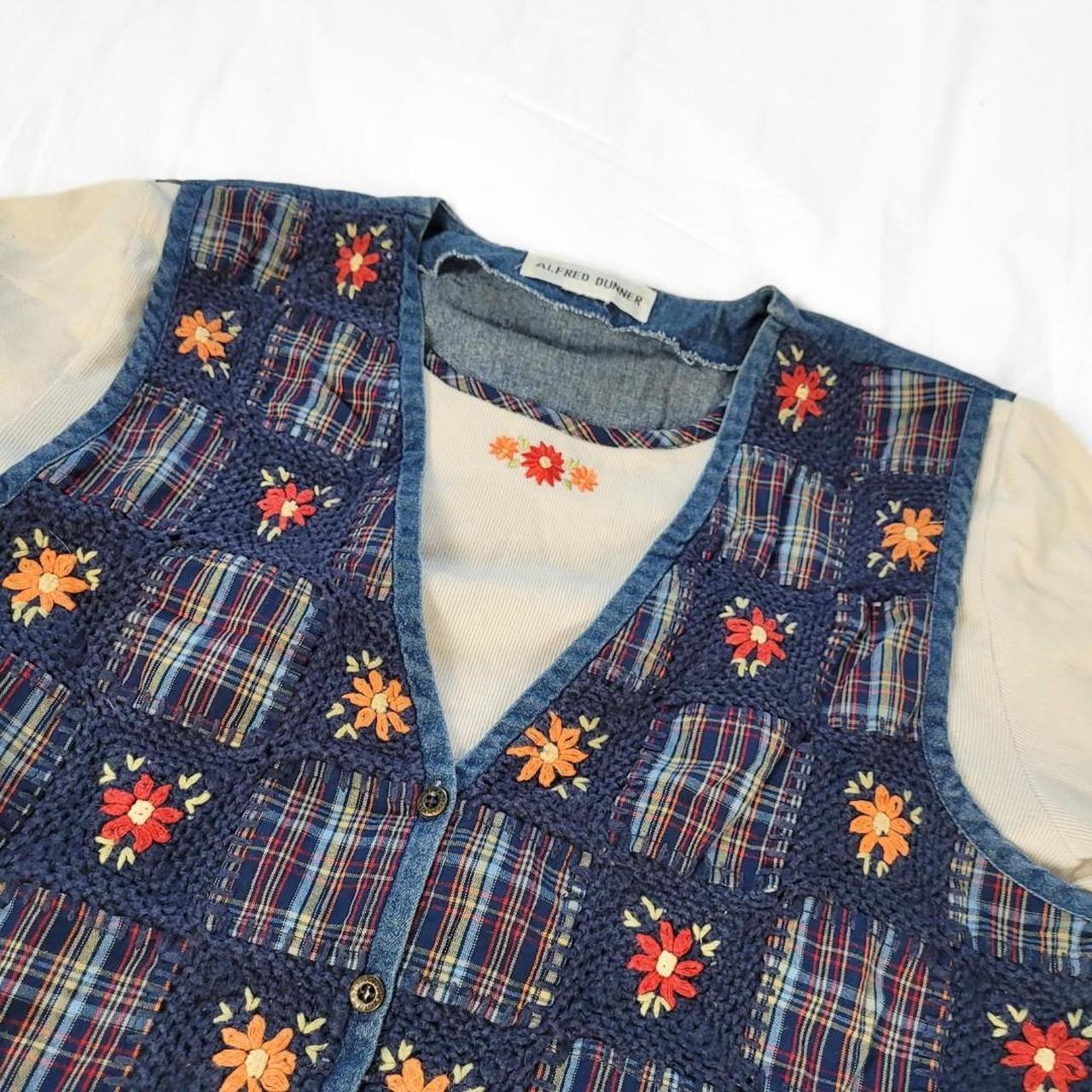 Vintage 90s Denim Waistcoat Vest with Sewn-in T-Shirt and Floral Patchwork Embroidery