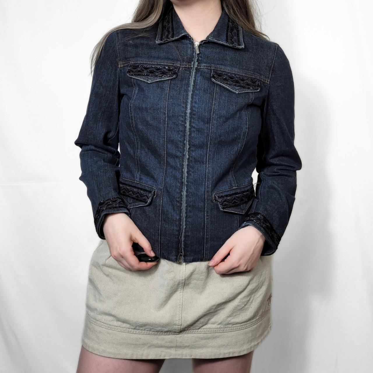 Vintage Y2K Dark Wash Zip Up Denim Jacket With Sequinns