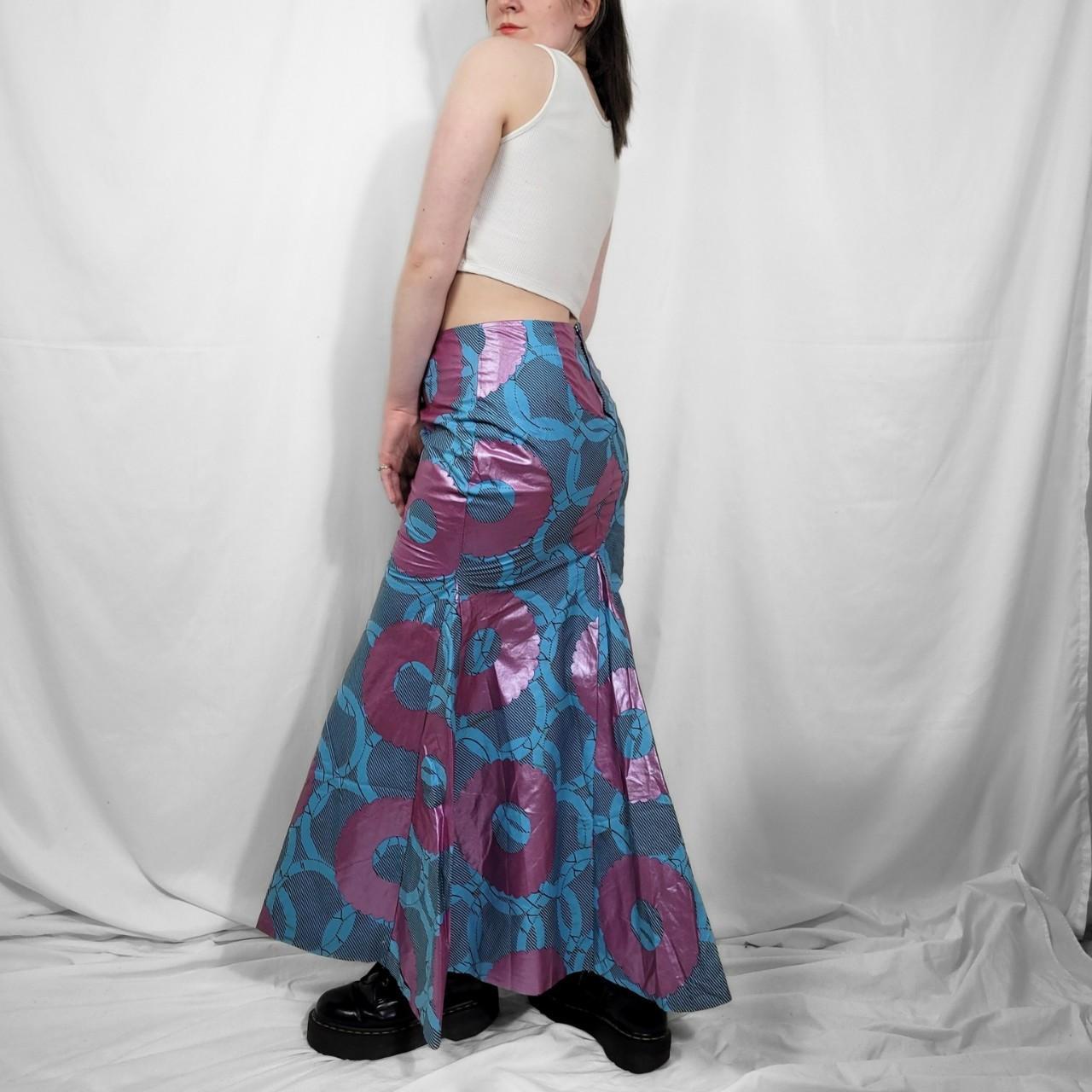 Vintage Y2K Blue & Pink Graphic Fishtail Maxi Skirt – Handmade Beauty