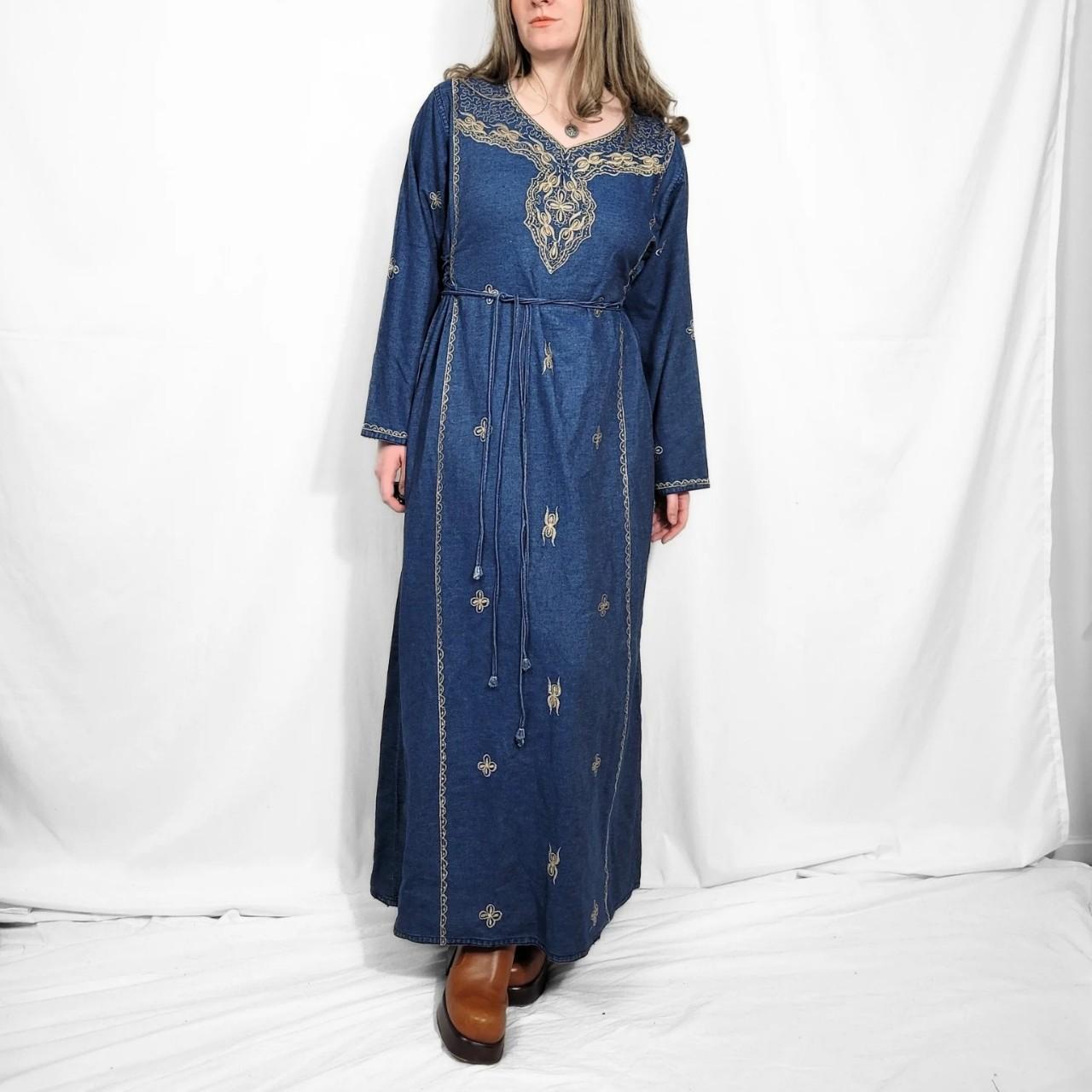 Vintage 90s Blue Denim Western Kaftan Maxi Dress
