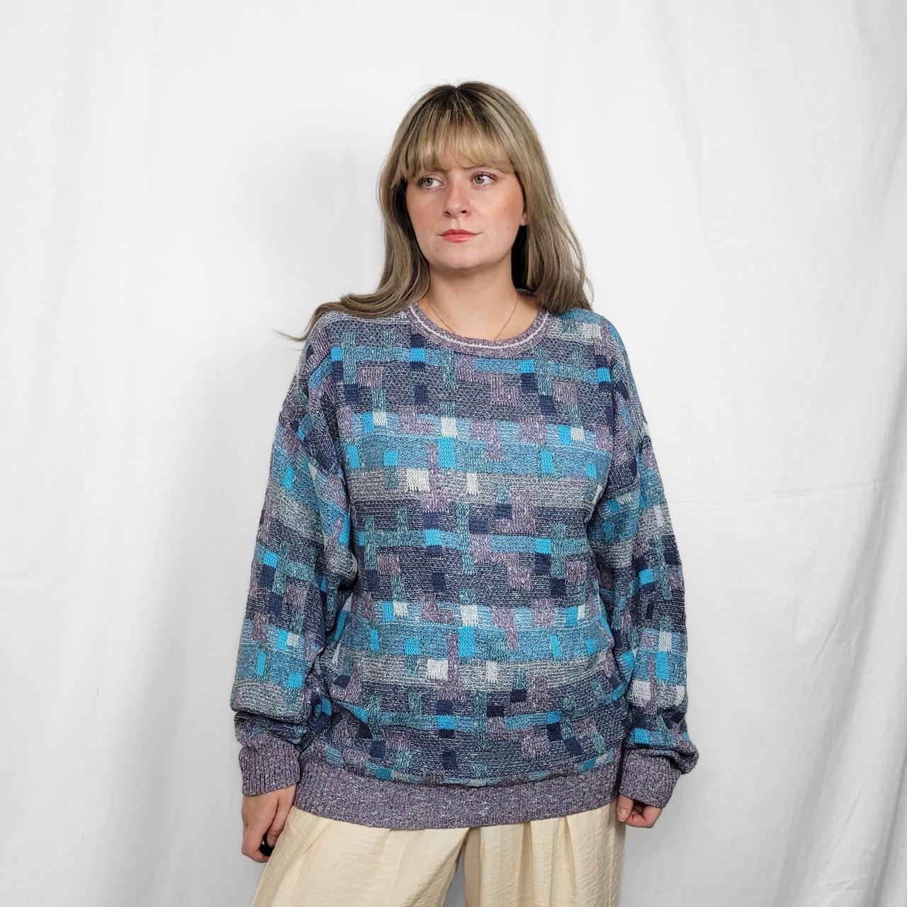 Vintage 90s Blue Retro Graphic Print Knit Jumper