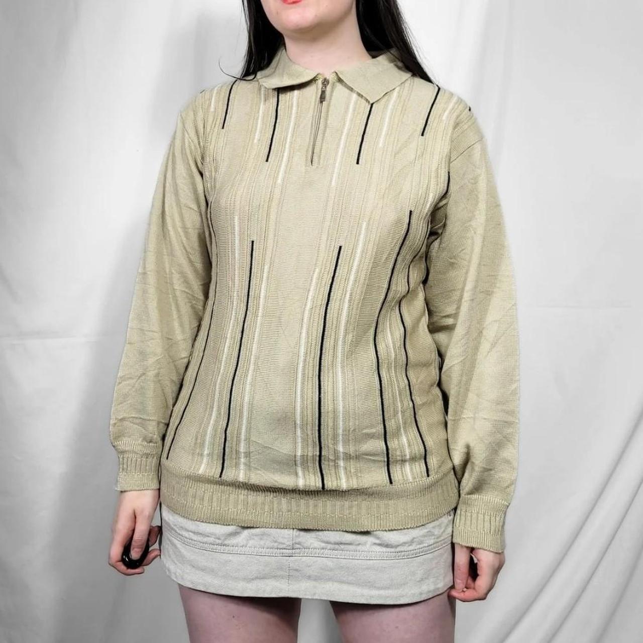 1990s Tan & Black Stripe Quarter Zip Knit Jumper