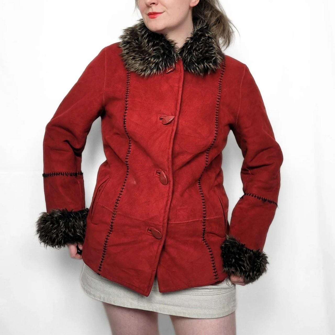 Vintage Y2K Red Faux Fur Suede Afghan Jacket