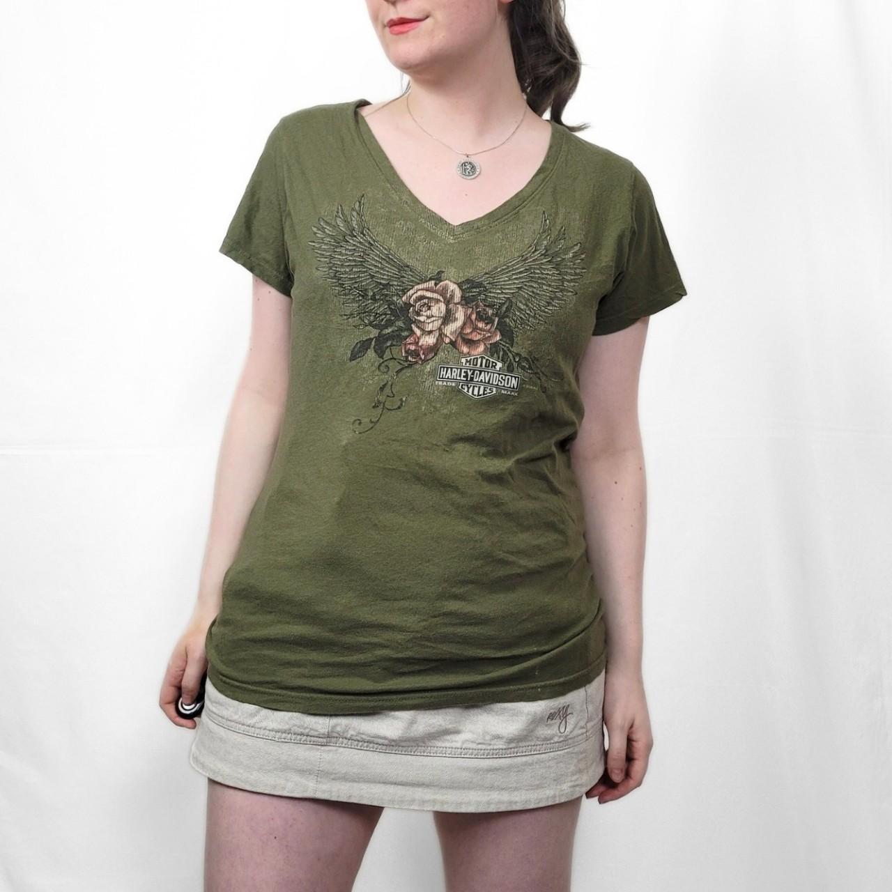Vintage Y2K Harley Davidson Green Rose Pattern T Shirt