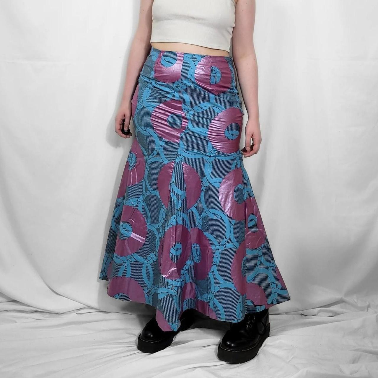 Vintage Y2K Blue & Pink Graphic Fishtail Maxi Skirt – Handmade Beauty