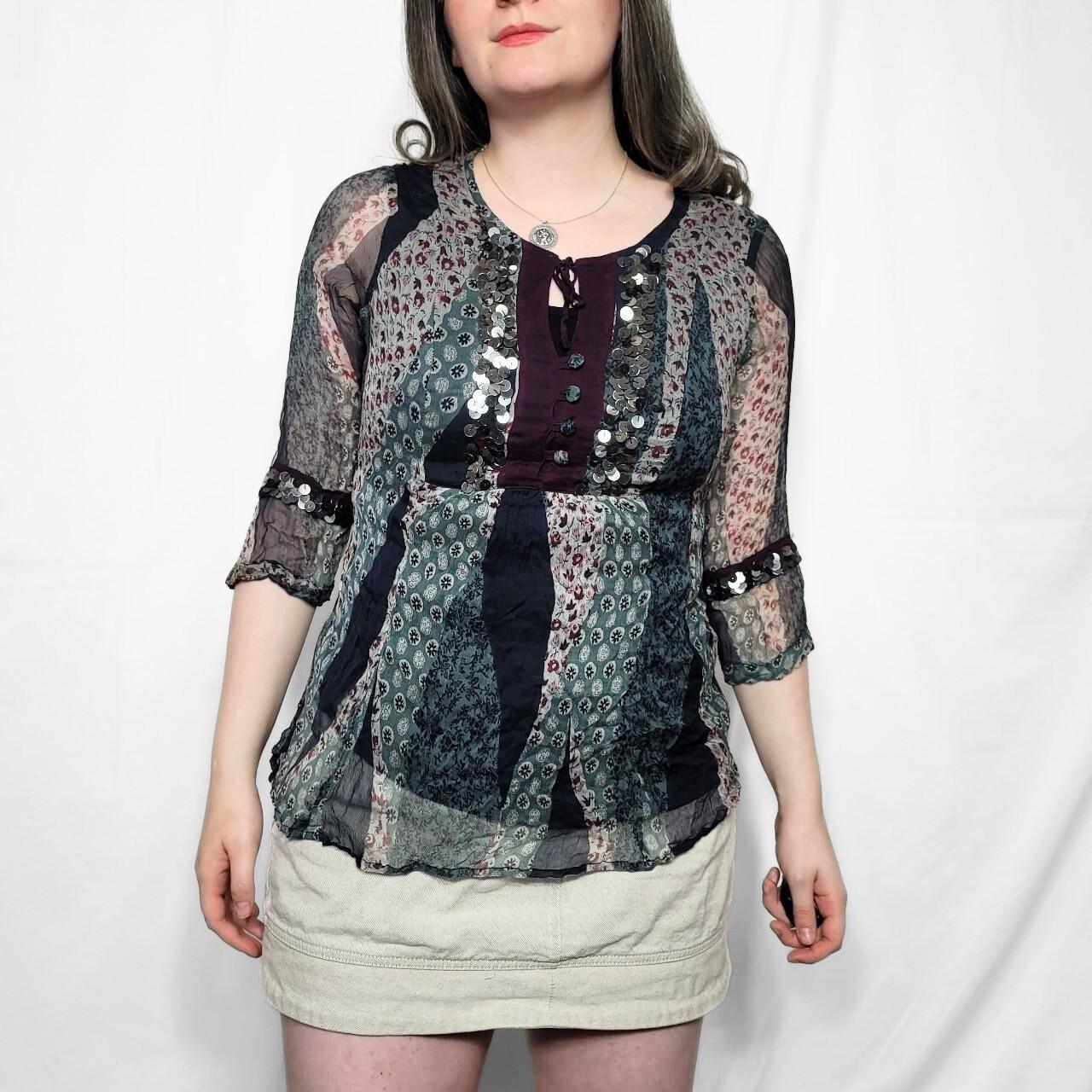 Vintage Y2K Floral Patterned Boho Sheer Top with Sequin Details