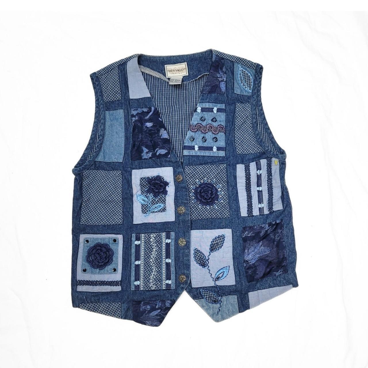 Vintage 90s Blue Patchwork Pattern Denim Vest / Waistcoat