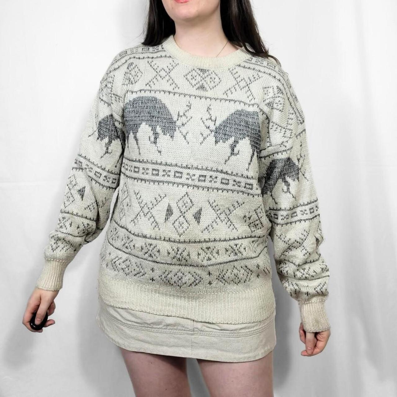 Vintage 90s Cream Reindeer Pattern Knit Jumper