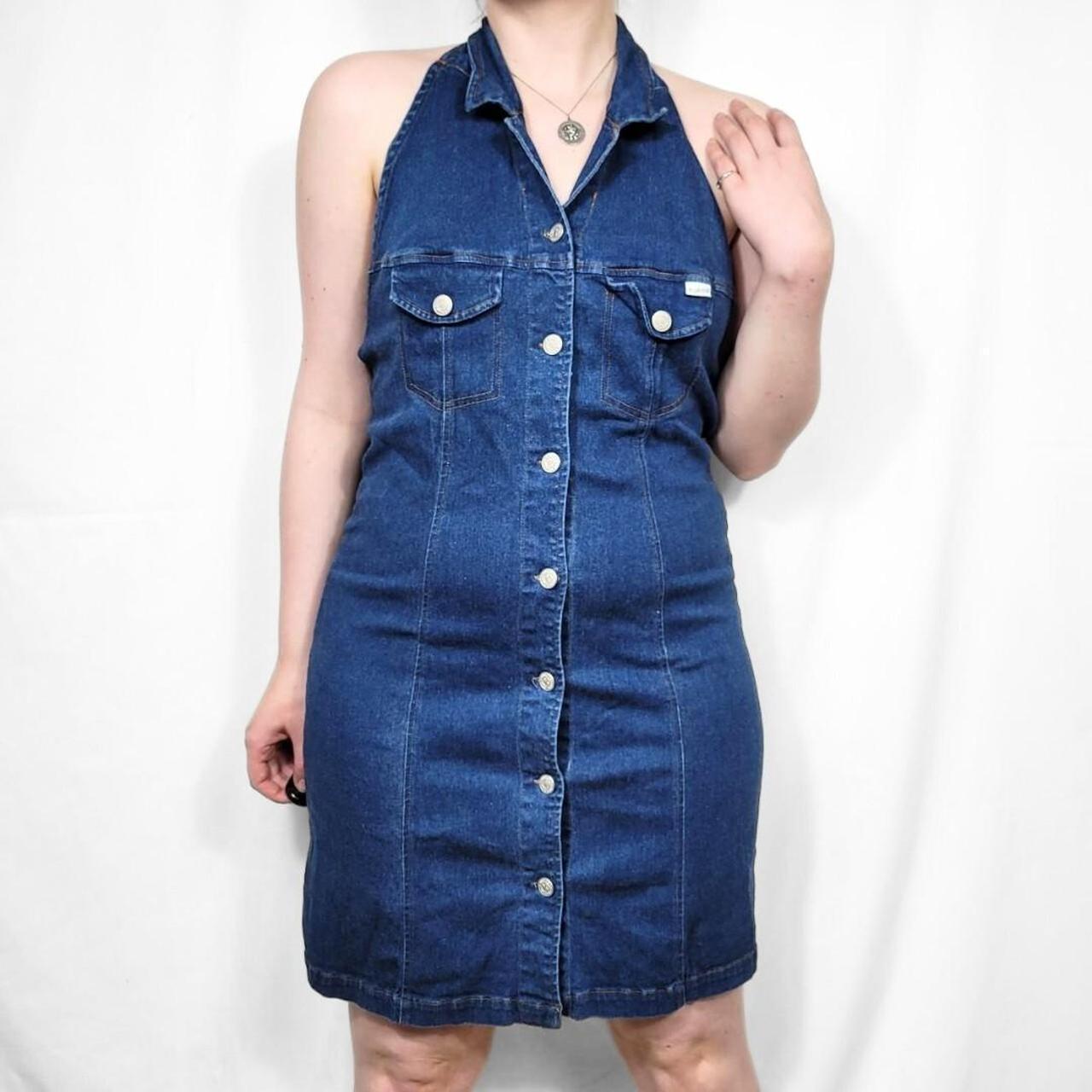 Vintage 90s Denim Halterneck Midi Dress