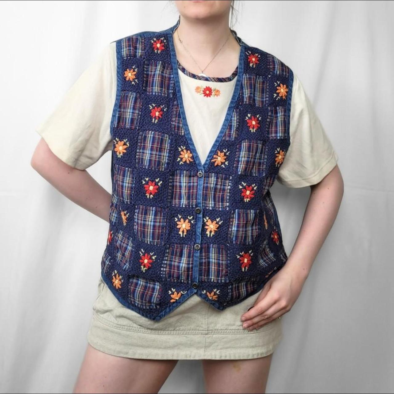 Vintage 90s Denim Waistcoat Vest with Sewn-in T-Shirt and Floral Patchwork Embroidery