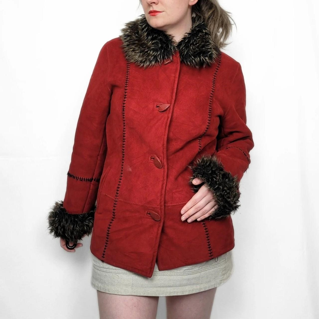 Vintage Y2K Red Faux Fur Suede Afghan Jacket