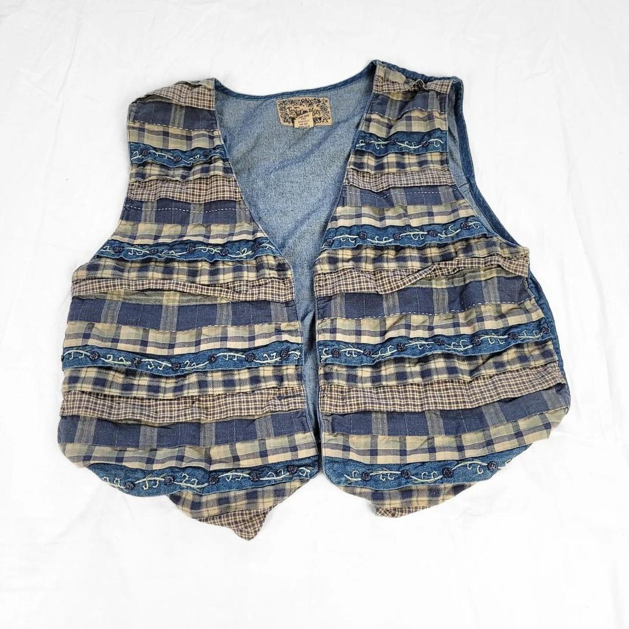 Vintage 90s Denim Waistcoat – Cottage Plaid Lapels
