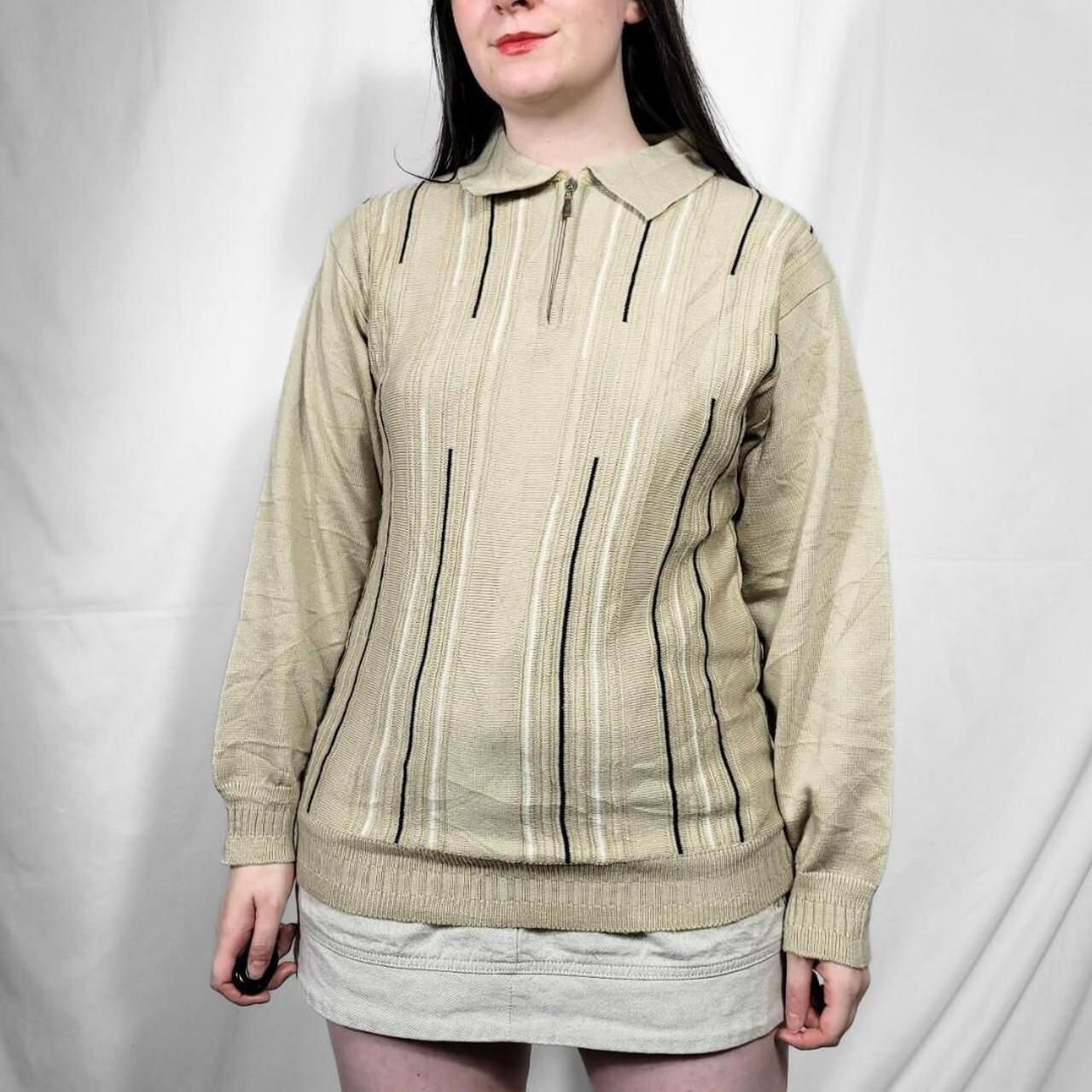 1990s Tan & Black Stripe Quarter Zip Knit Jumper