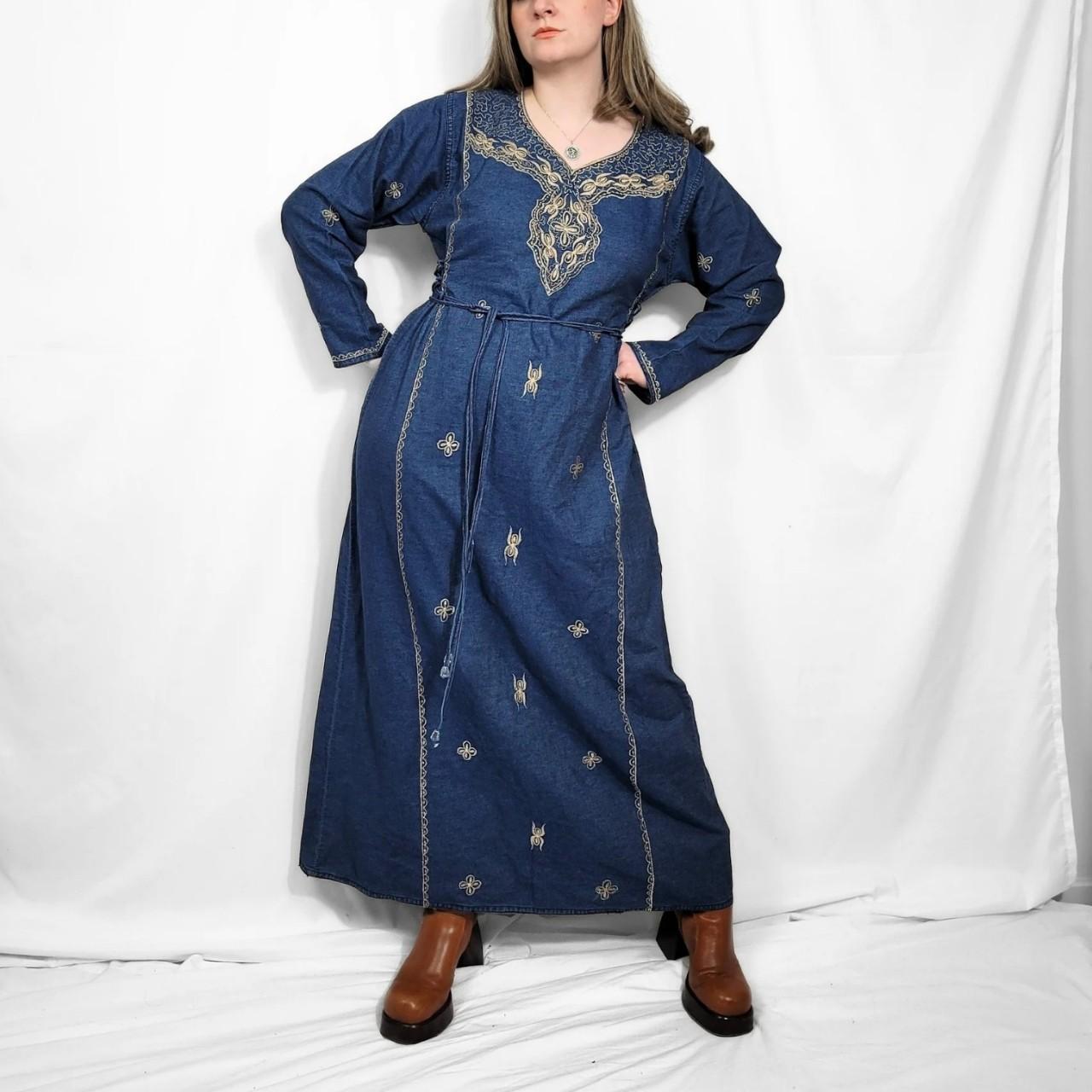 Vintage 90s Blue Denim Western Kaftan Maxi Dress