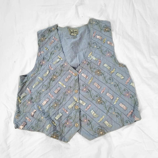 Vintage 90s Pastel Rose Embroidered Denim Waistcoat