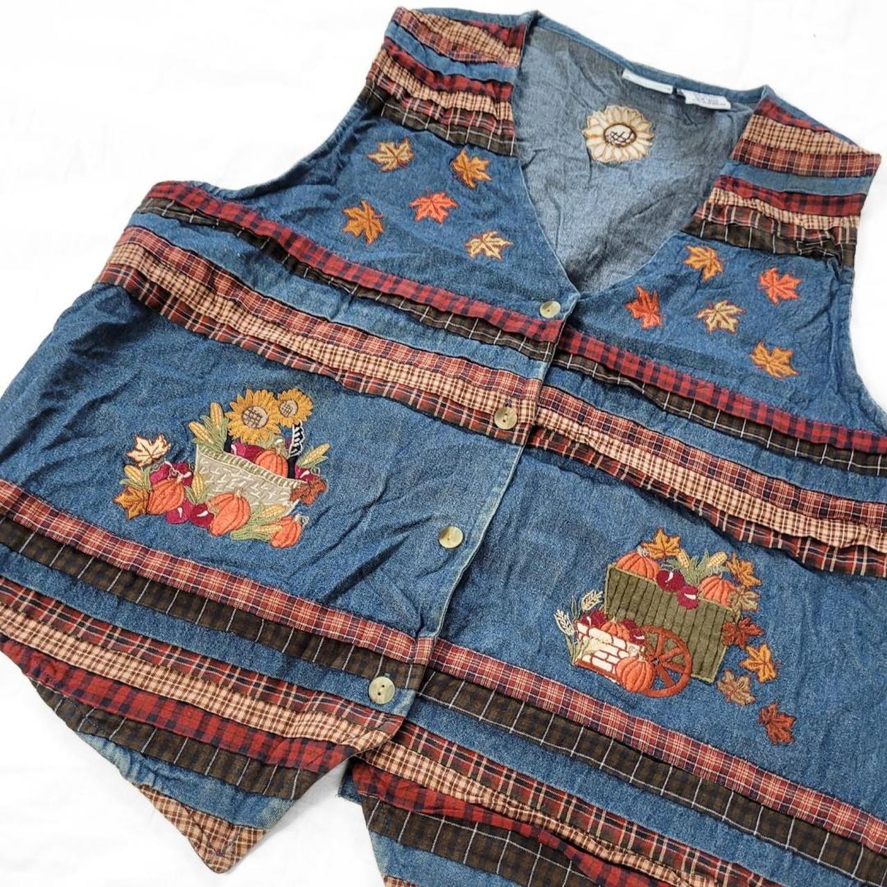 90s Embroidered Patchwork Denim Vest – Bobbie Brooks in Autumn Hues