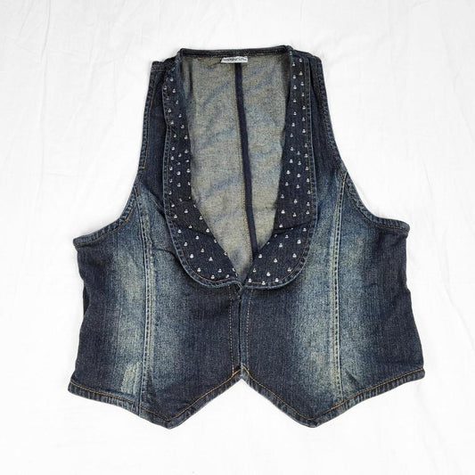 Vintage Y2K Denim Waistcoat Vest – Studded Collar Detail