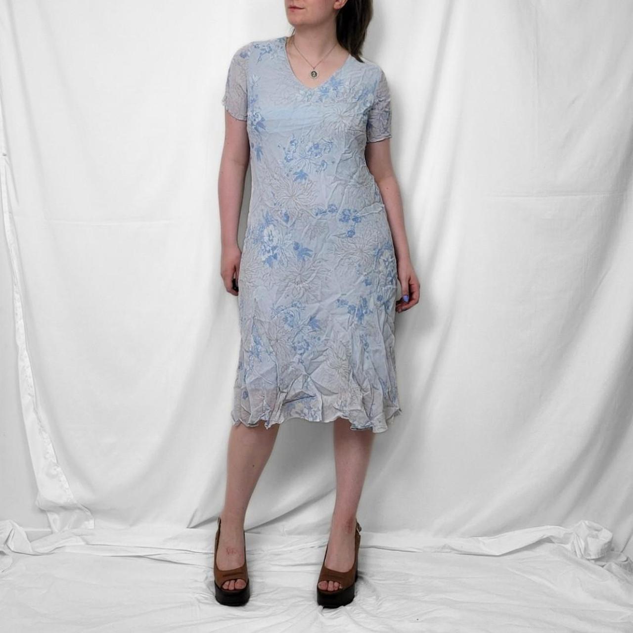 Y2K Baby Blue Floral Midi Dress with Sheer Sleeves & Lace Trim