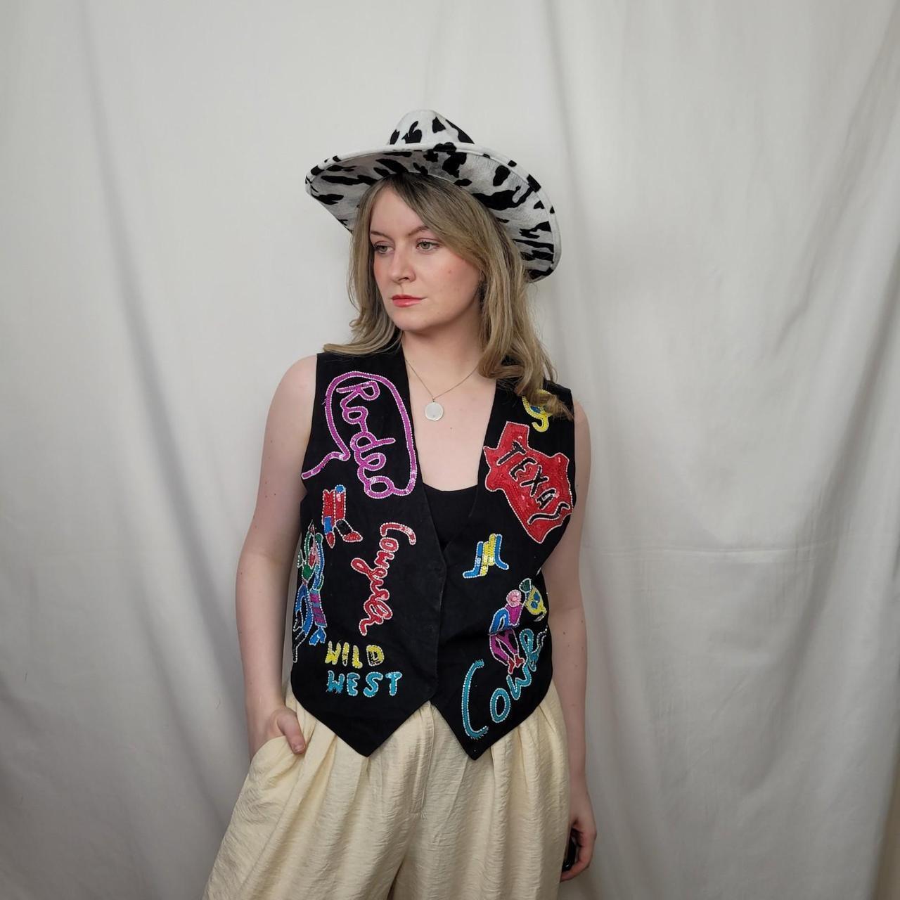 Y2K Black Neon Embroidery Waistcoat S Western – Wild West Cowgirl Graffiti Festival Rodeo Texas Size 8