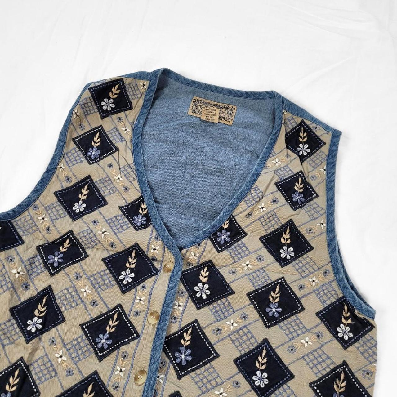 Vintage 90s Denim Waistcoat Vest – Beige & Blue Embroidered Diamonds + Floral