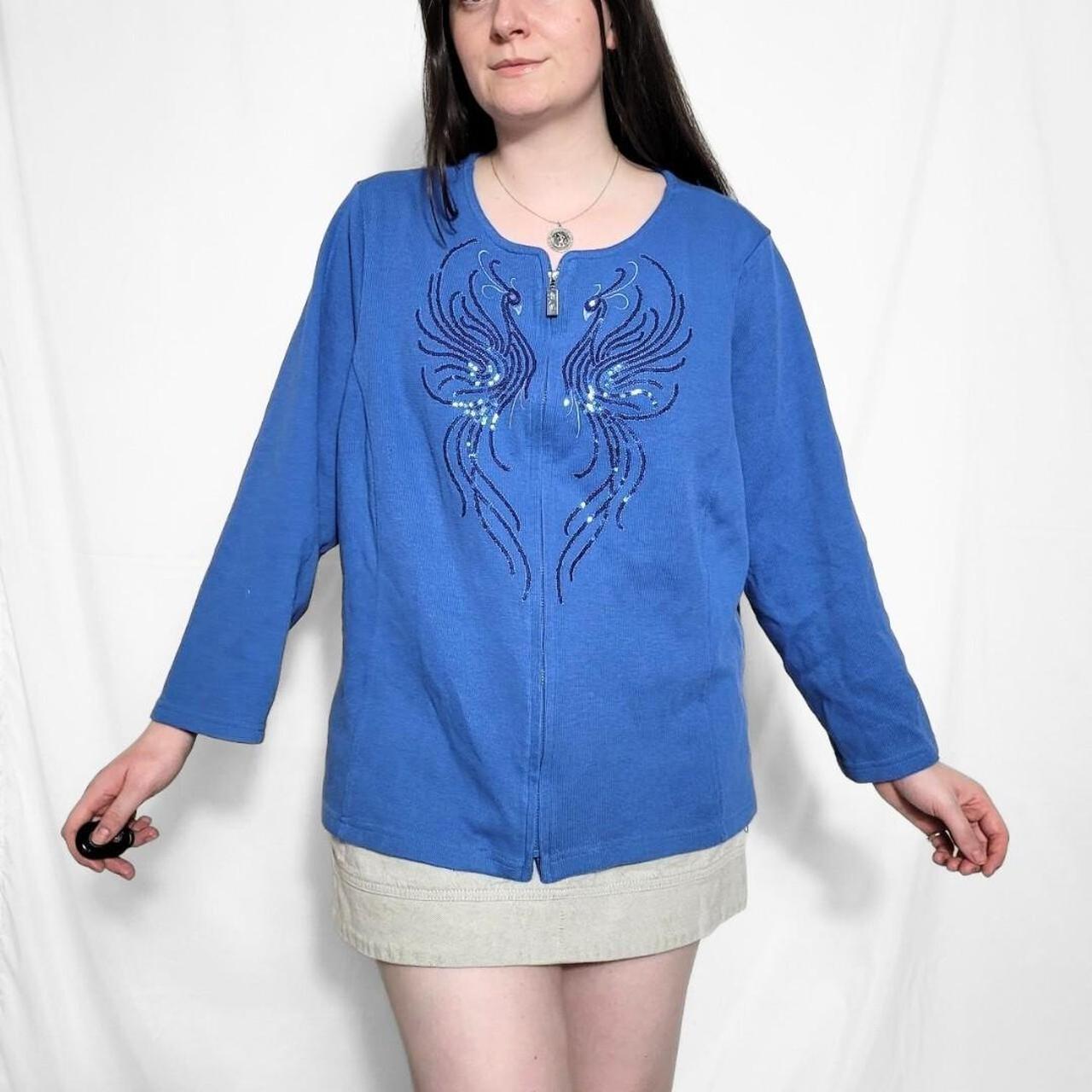 Vintage 90s Bob Mackie Blue Peacock Zip Up Knit Cardigan