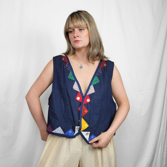 Vintage 90s Denim Waistcoat Vest with Rainbow Triangle Detail