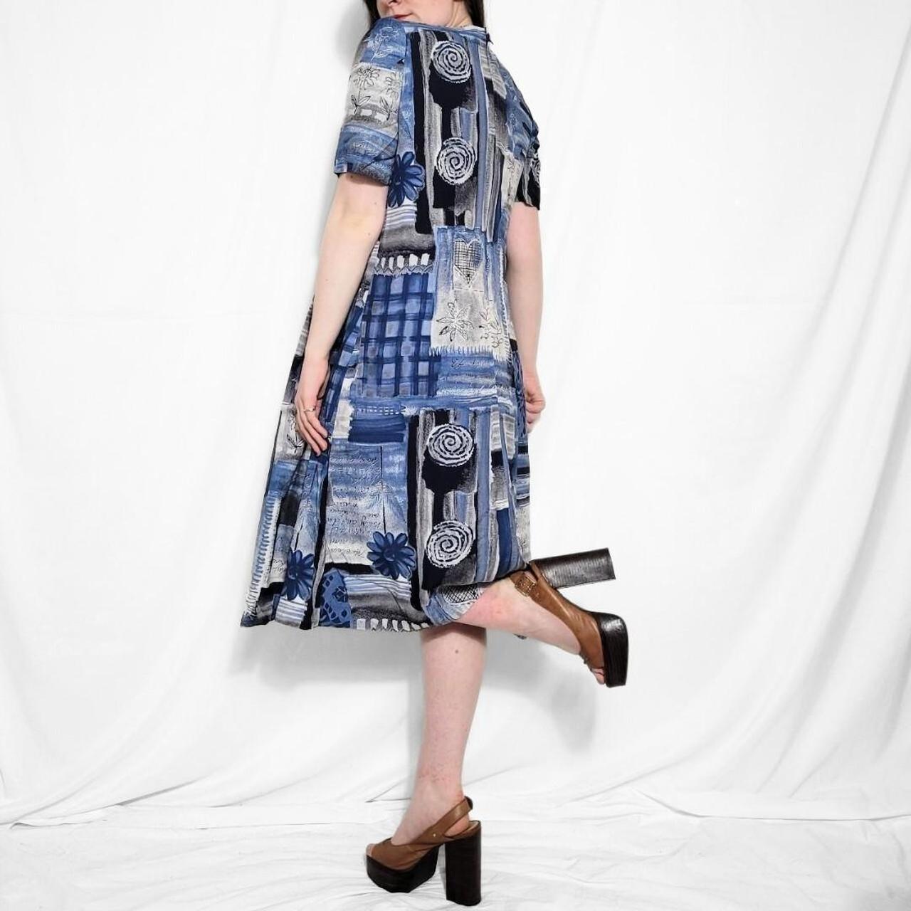 Vintage 90s Blue & White Floral Print Midi Tea Dress – Handmade