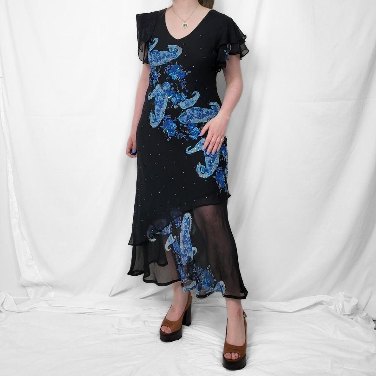Y2K Black & Blue Floral Mesh Midi Dress