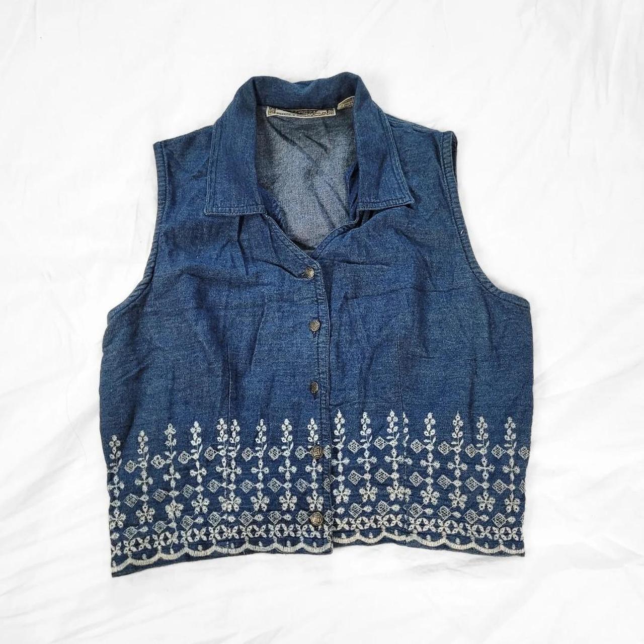 Vintage 90s Embroidered White Floral Denim Vest