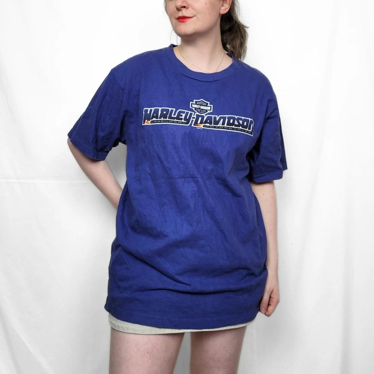 Vintage Y2K Harley Davidson Blue Spell Out Graphic Print T Shirt