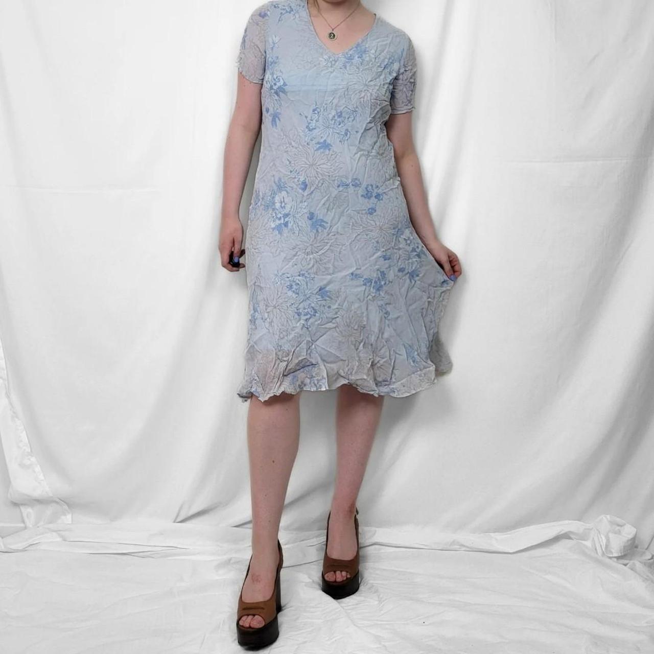 Y2K Baby Blue Floral Midi Dress with Sheer Sleeves & Lace Trim