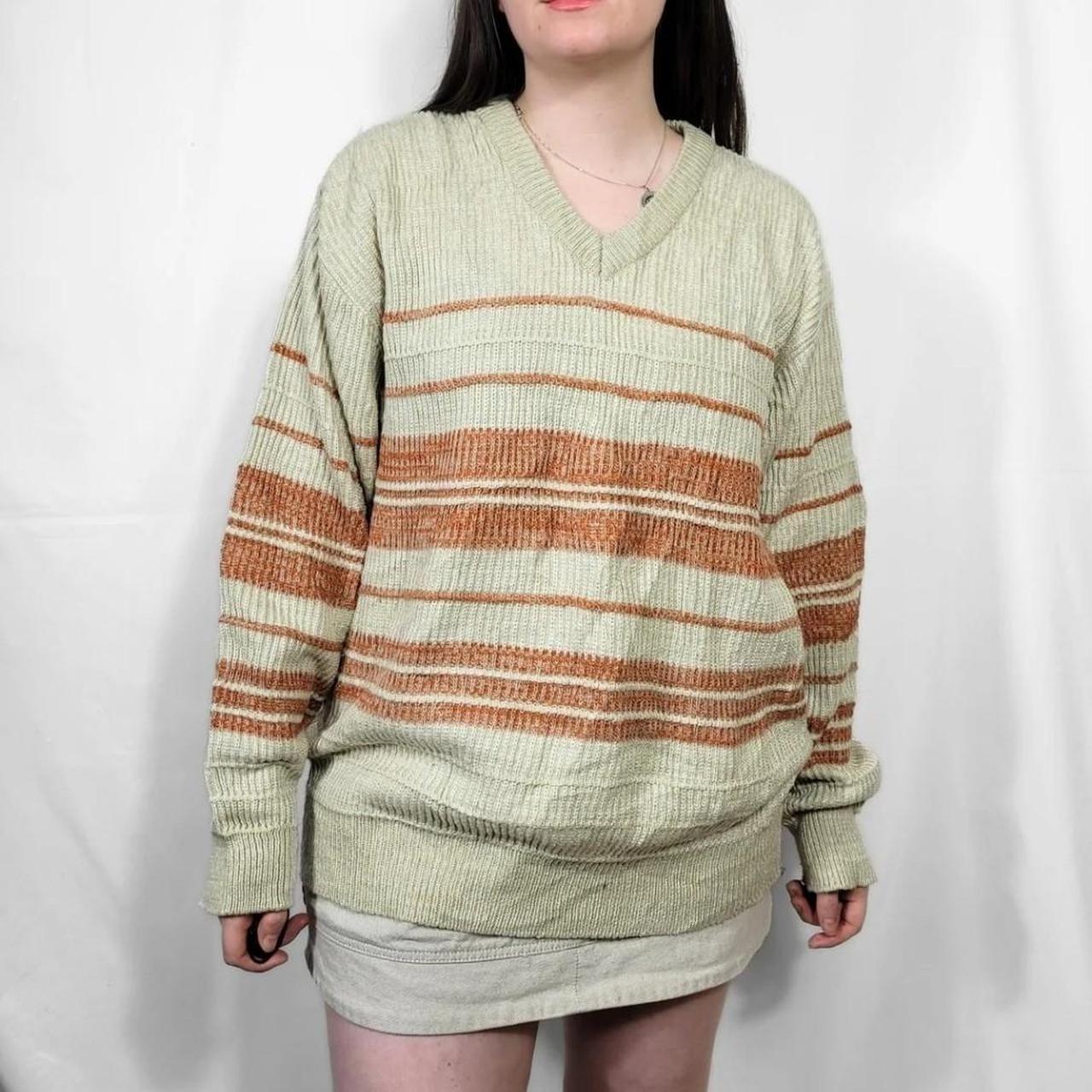Vintage 80s Cream Striped Knit V Neck Jumper