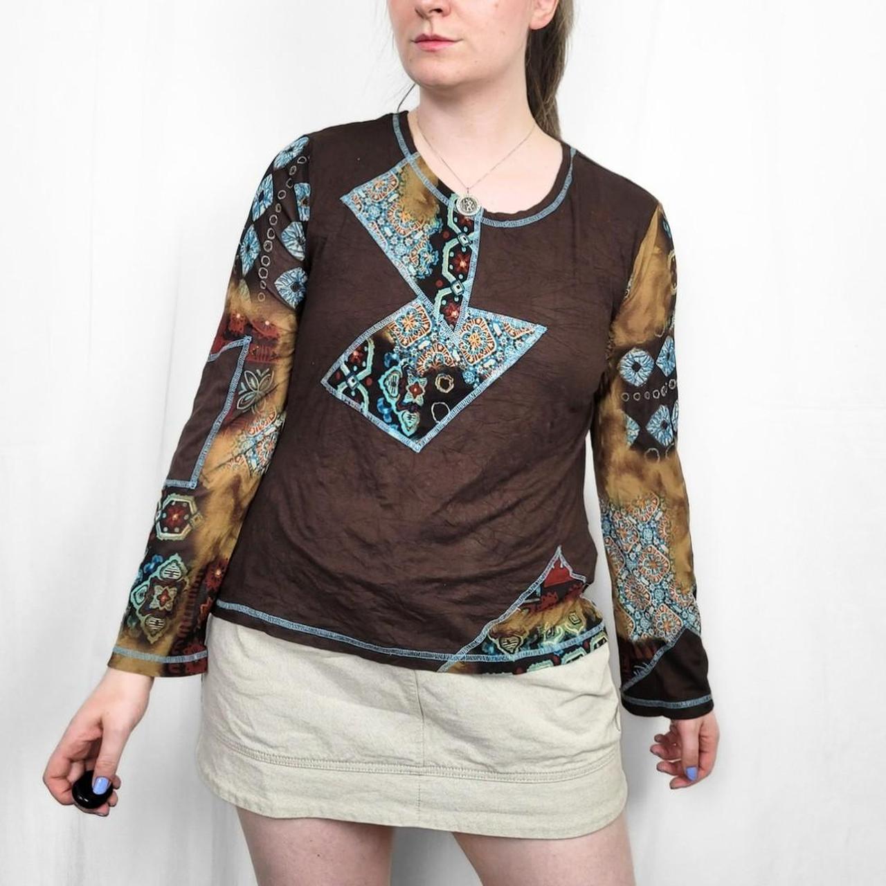 Y2K Brown & Blue Long Sleeve Mesh Top with Funky Design