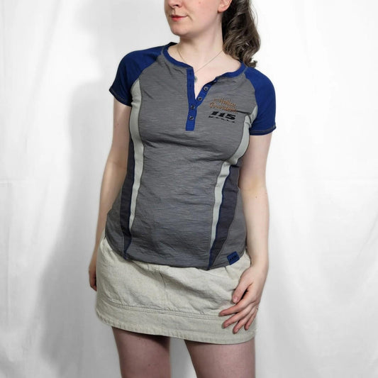 Y2K Harley Davidson Blue & Grey Graphic Racer Tee