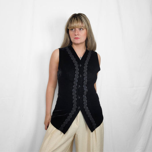 Vintage 90s Black Velvet Embroidered Waistcoat – Woodstock-Inspired by St Michael