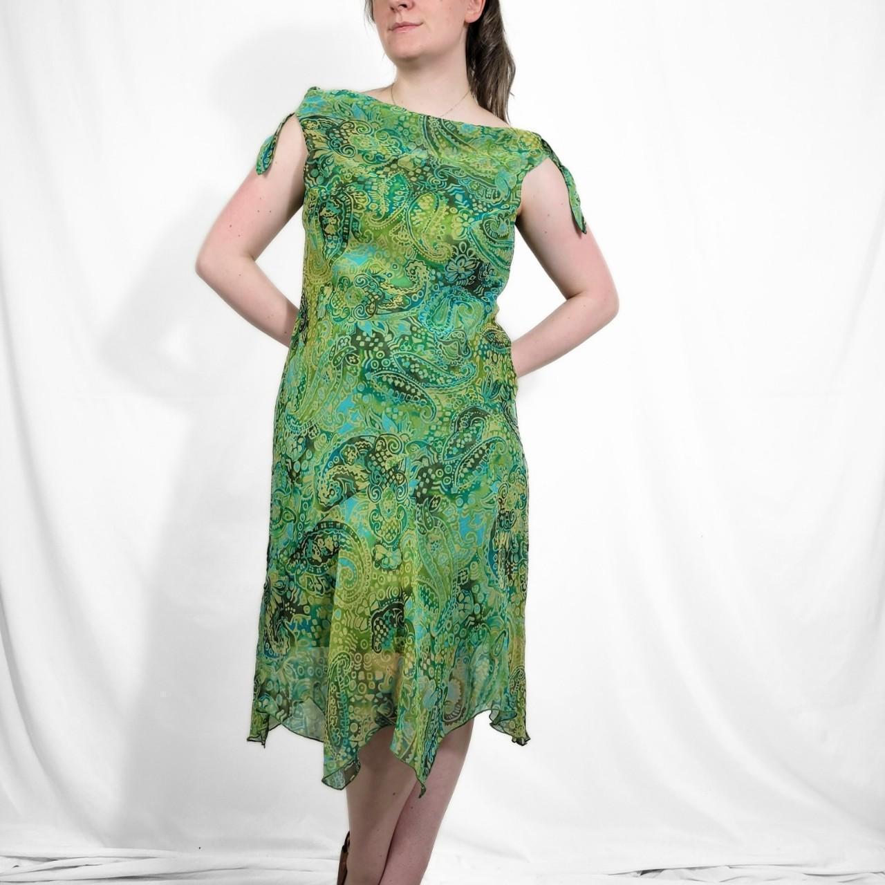 Y2K Green Paisley Sheer Midi Dress – Asymmetrical Hem & Tie Straps
