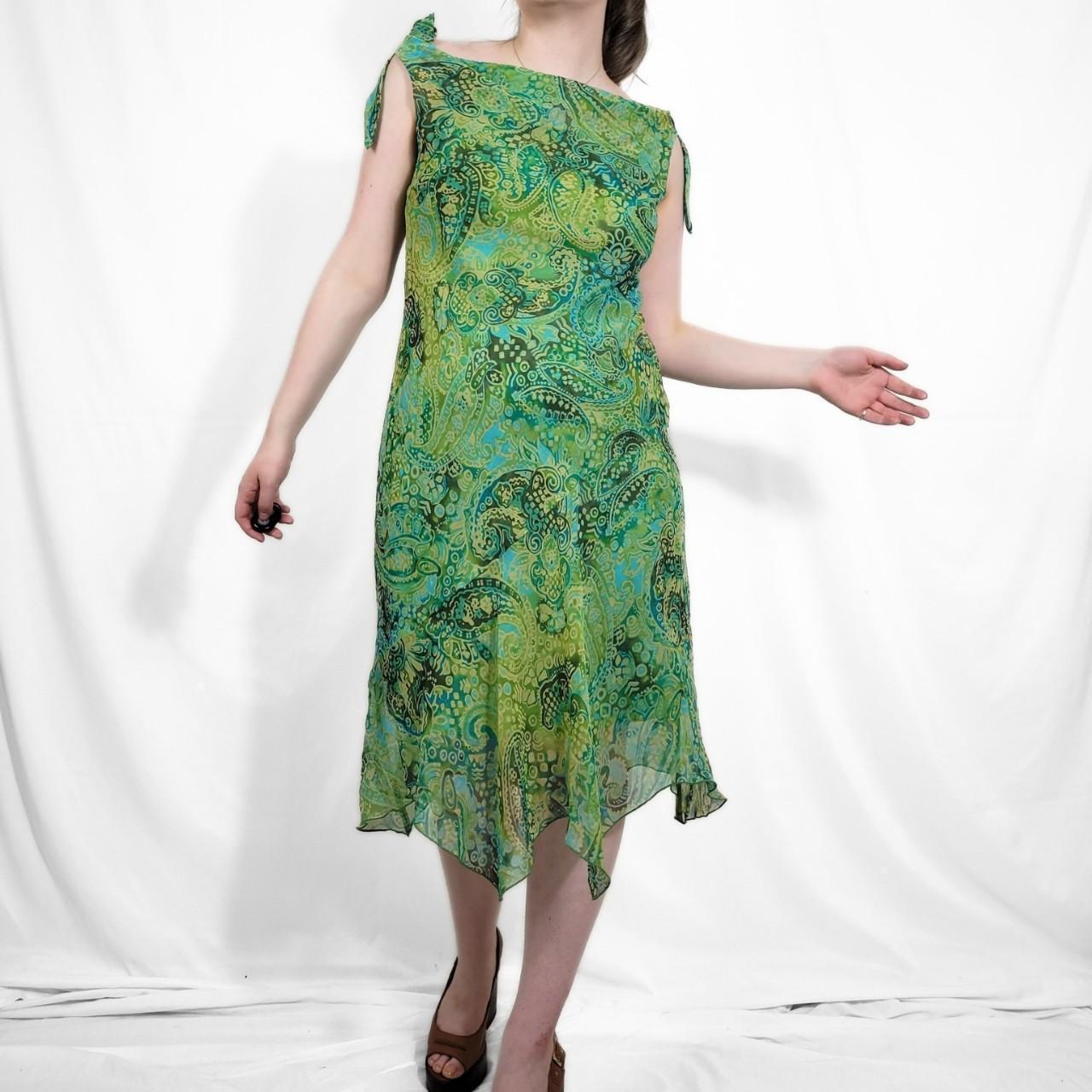 Y2K Green Paisley Sheer Midi Dress – Asymmetrical Hem & Tie Straps