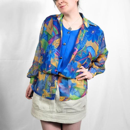Vintage 80s Multi-Coloured Funky Print Sheer Blouse