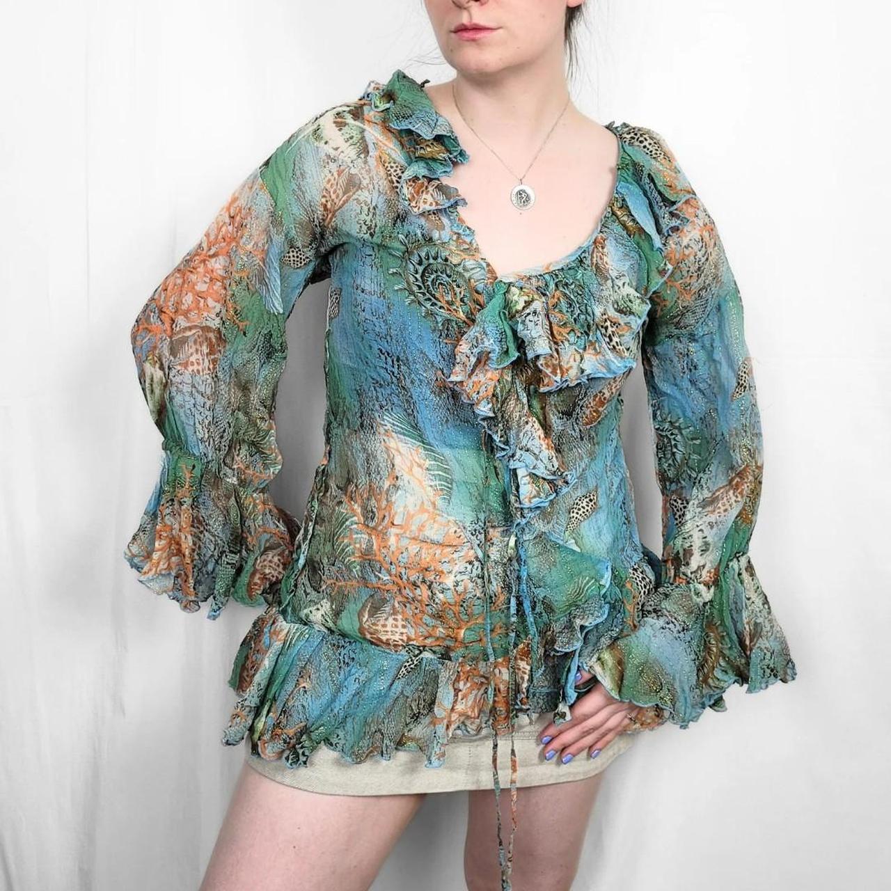 Y2K Multi-Coloured Mesh Blouse with Ruffle Sleeves & Neckline