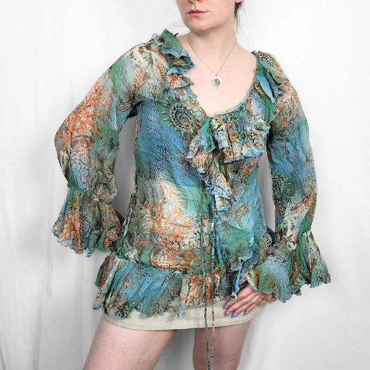 Y2K Multi-Coloured Mesh Blouse with Ruffle Sleeves & Neckline