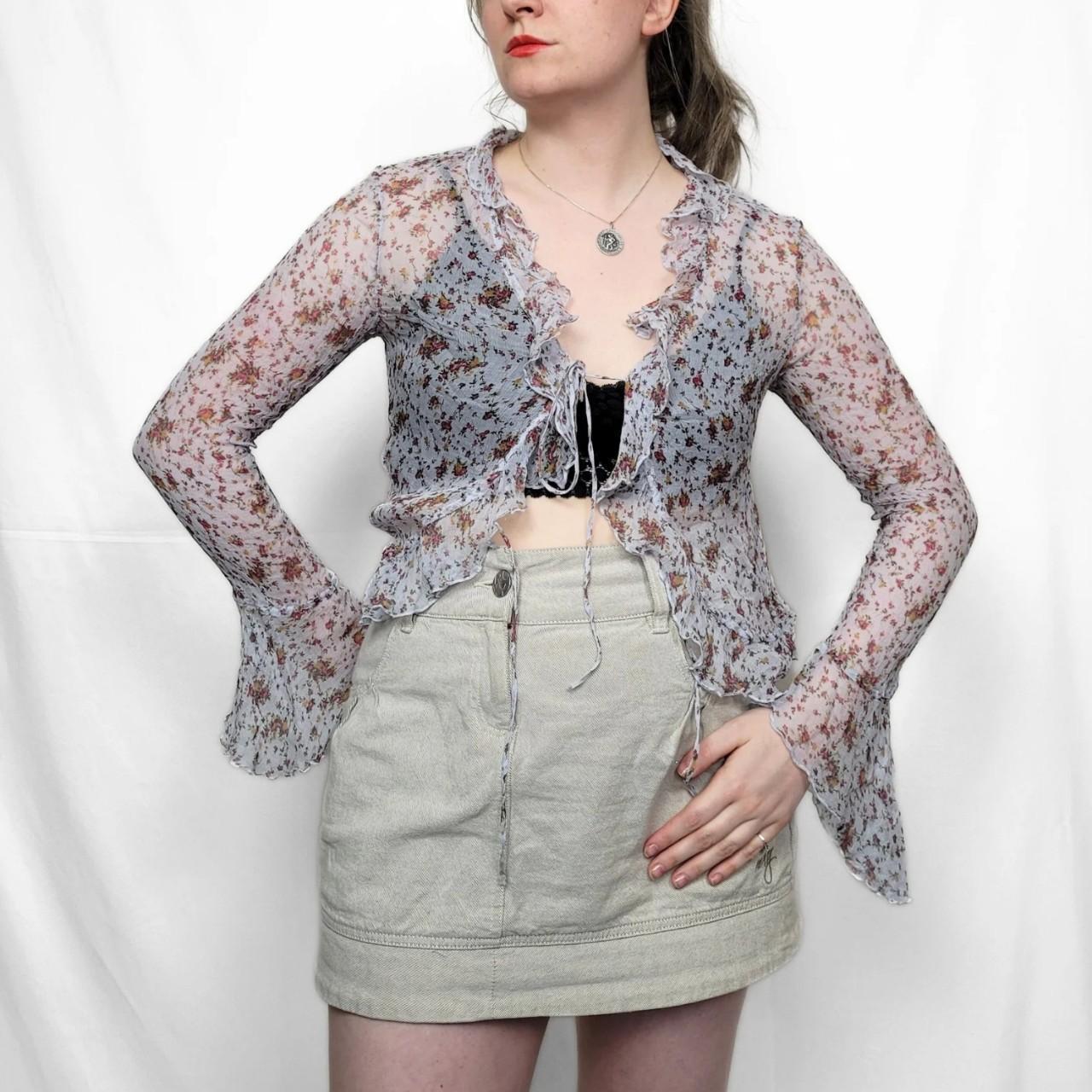 Y2K Blue Floral Mesh Long Sleeve Top with Tie Front