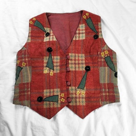 Vintage 90s Denim Waistcoat – Plaid & Embroidered Detail