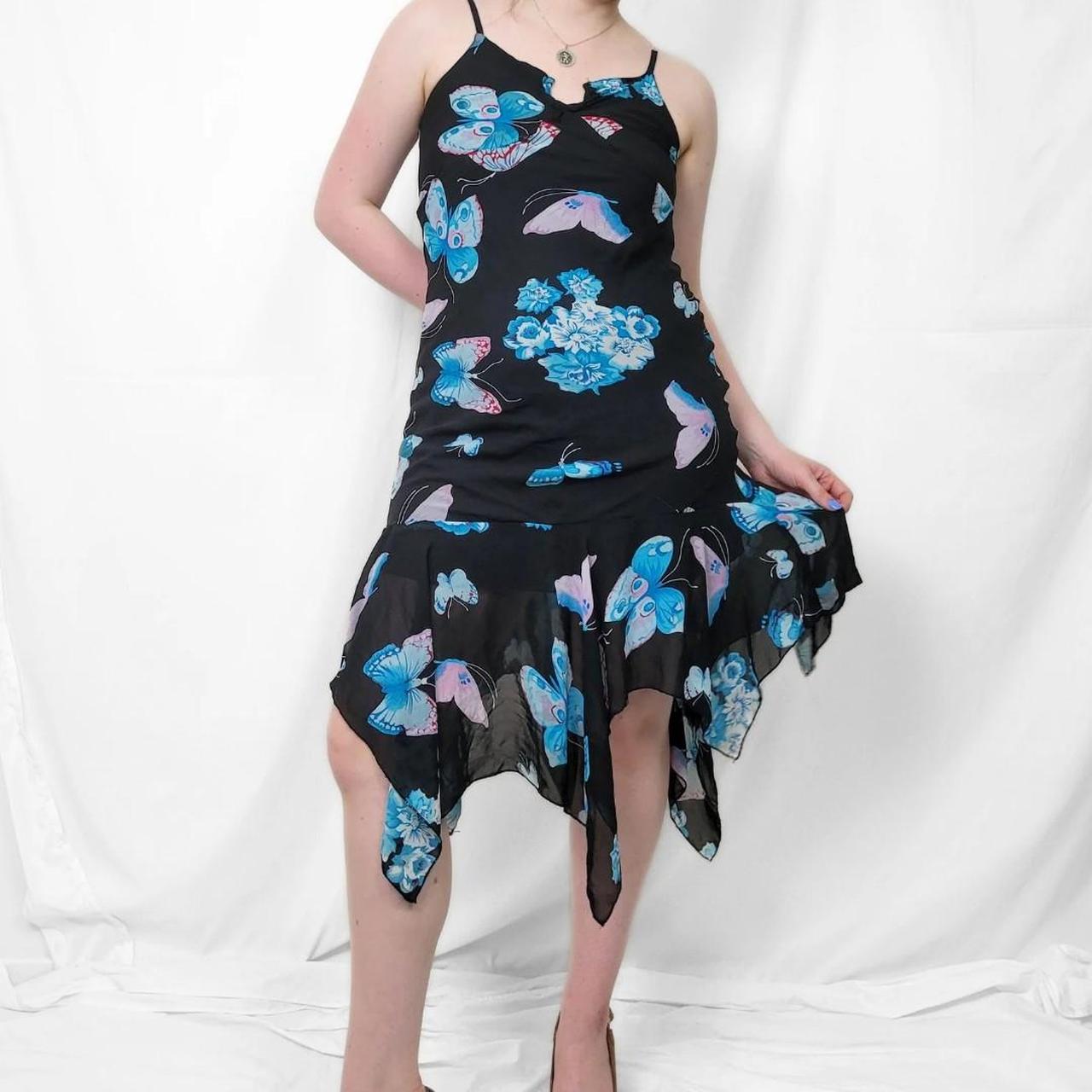 Y2K Black & Blue Butterfly Print Midi Dress – Asymmetrical Hem