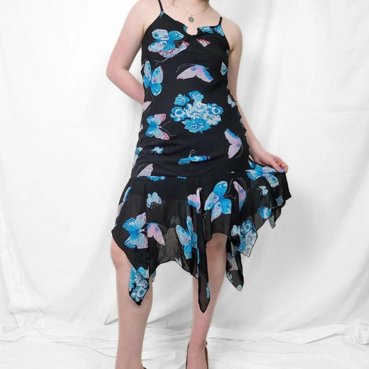 Y2K Black & Blue Butterfly Print Midi Dress – Asymmetrical Hem