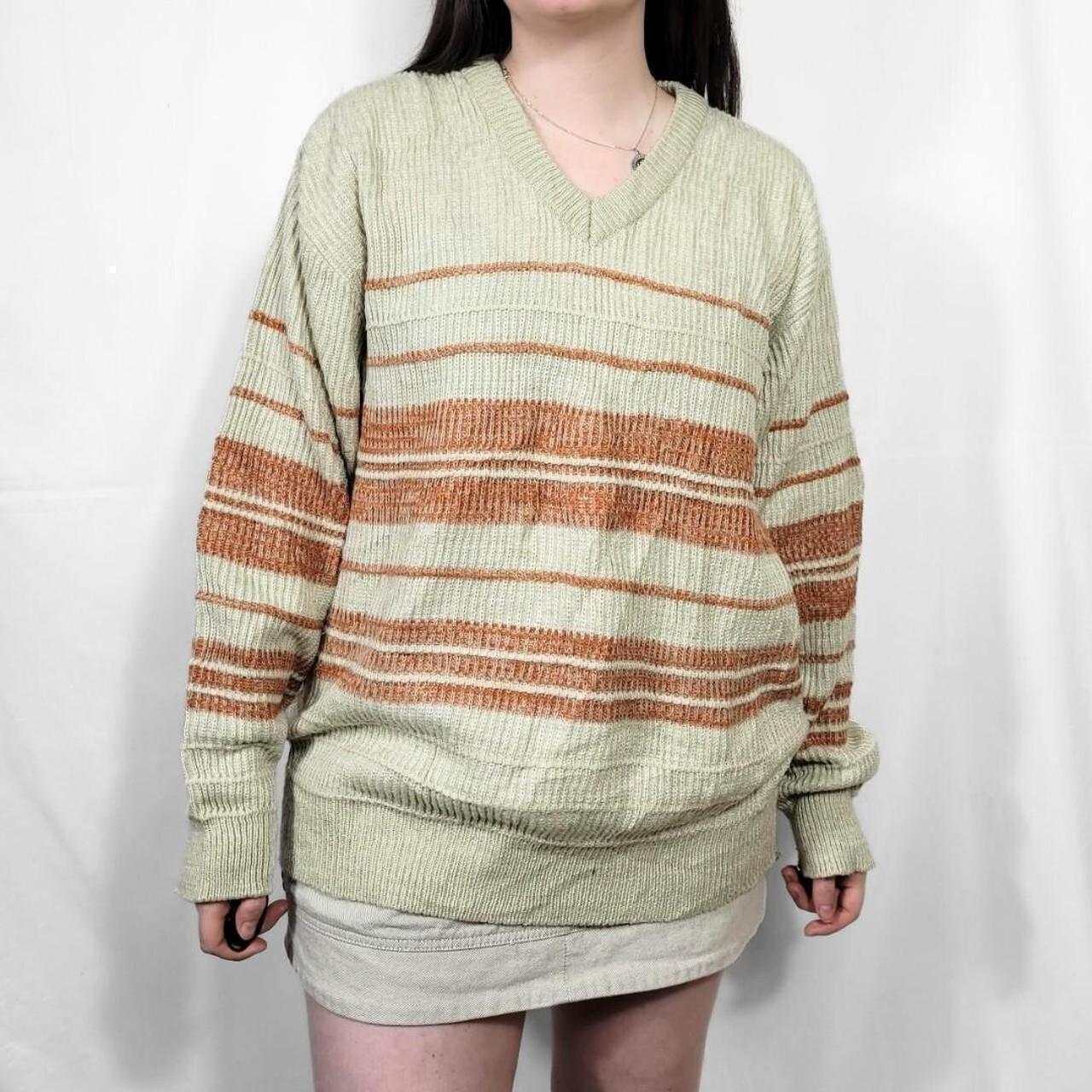 Vintage 80s Cream Striped Knit V Neck Jumper